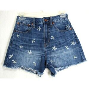 Madewell White Daisy Embroidered Blue Jean Cut Off Shorts Size 24 EUC